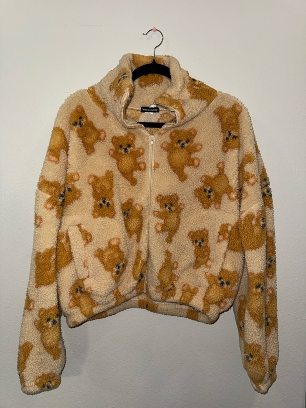 Cozy Teddy Sherpa Zip Jacket - Beige Bear Print